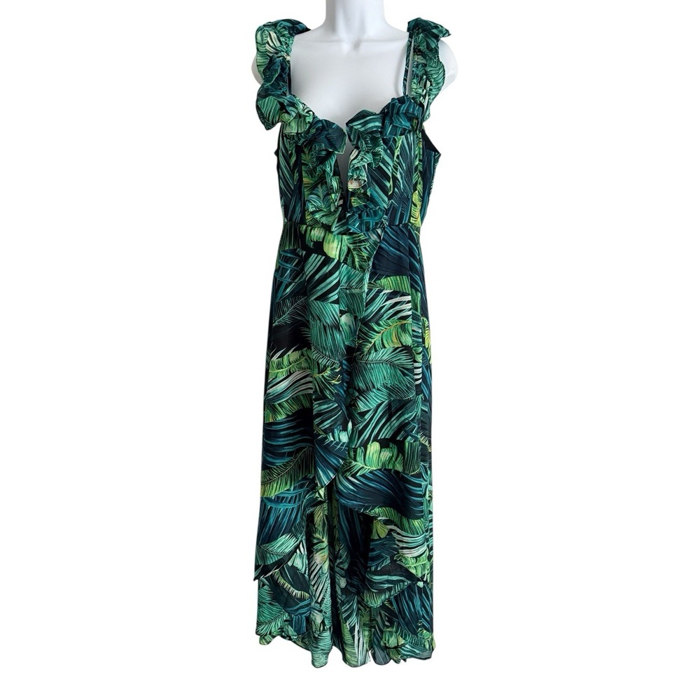 Tropical‎ Palm Leaf Ruffle High Low Dress L Womens Green Resort Beach Vacation - Picture 3 of 12